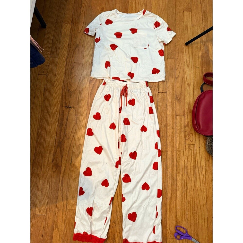 Women's White/Red Heart Print Cotton Knit Pajama Set Crew Neck Drawstring M